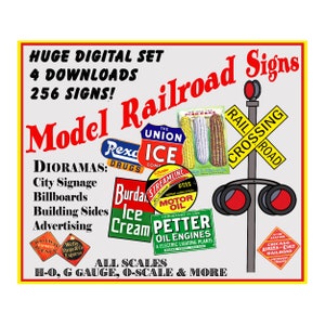 Modelleisenbahn & Puppenhaus Schilder, 4 DIGITALE DOWNLOADS, 256 Schilder für Dioramas, Puppenstuben und Modellzüge, 4 druckbare Bögen, Pack 9
