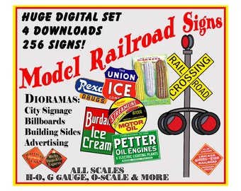 Model Railroad & Dollhouse Signs, 4 DIGITAL DOWNLOADS, 256 Signs for Dioramas, Dollhouses and model trains, 4 Printable Sheets, Pack 9