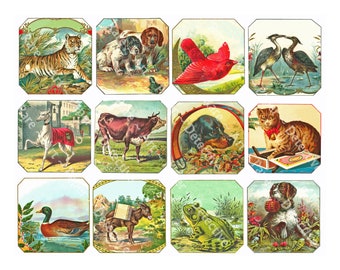 Note Cards, Junk Journal Supply, 12 Pcs Set of Victorian Era Animal Note & Gift Card Stickers, 2.5" Wide Labels, DIGITAL DOWNLOAD SHEET 932