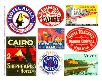 Vintage Luggage Labels, Travel labels for home decor, Up-cycling suitcases, Travel trunks & junk journals, Baggage tags, Digital sheet 24B
