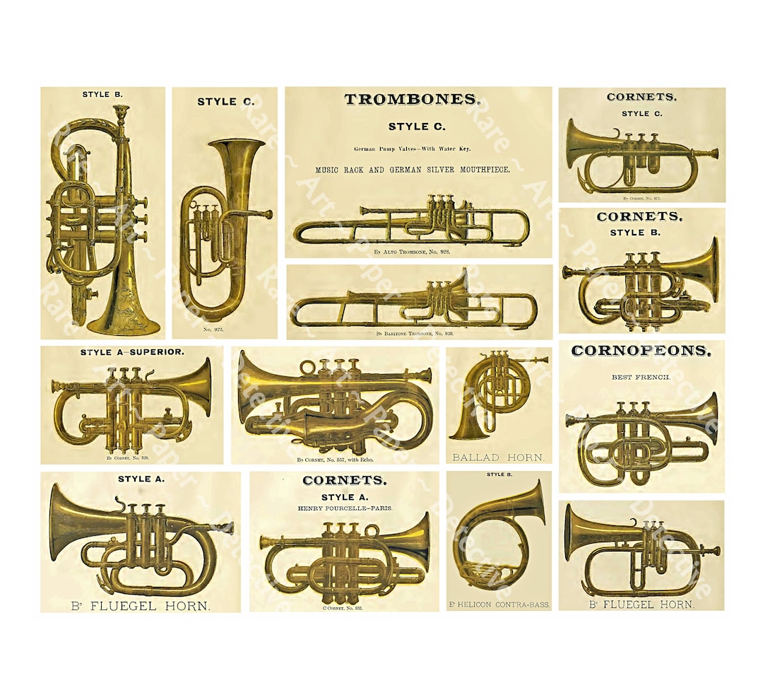 Musical Band Instruments Graphics Sheet, Antique Catalog Art Paper, Brass  Horns, Music Journals, Decor & Collage, Trombones, Digital Set 855 