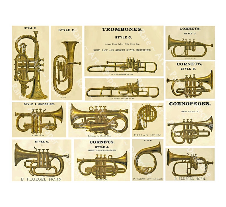 Musical Band Instruments Graphics Sheet, Antique Catalog Art Paper