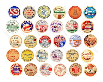 Kitchen Art Paper, Milk Caps, Digital Download, Retro Milk Bottle Tags, Dairy Labels, Creamery Bottles, Whipping Cream, Milk Bottle, 238c