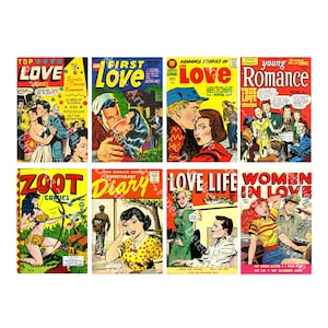 Romance Comic Book Covers, Classic Comics, Printable Vintage Pulp Art, 2.5&quot; x 3.75&quot; Tags, DIY Projects & Décor, DIGITAL DOWNLOAD Sheet, 1181