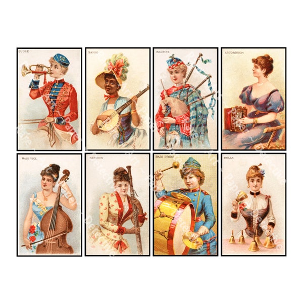 Musical Instruments, Advertising Card Stickers, Antique Lady Illustrations, Clip Art Ephemera, 4" Tall Images, 1 DIGITAL DOWNLOAD, 1197