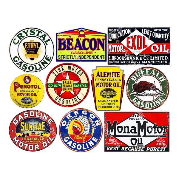 Oil Can Labels, 10 Gasoline Signs on 1 Digital Download, Garage Gas Station Sticker Art, Motor Oil Company Decals, Car Art Decoration, 495