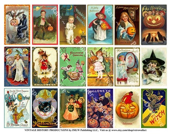May include: A collection of vintage Halloween postcards. The postcards feature illustrations of children in costumes, jack-o'-lanterns, witches, and black cats. The color palette includes orange, black, and green. Text includes "Halloween Greetings" and "A Happy Halloween".