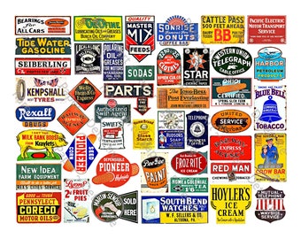 Dollhouse Miniature Signs & Model Train Diorama Sign Graphics, 54 Printable Advertising Illustrations, 1 DIGITAL DOWNLOAD SHEET, 722P