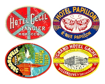 Suitcase Luggage Labels, 4 DIGITAL DOWNLOAD Labels on 1 JPEG, Each label is 5" x 3.75", Steam Trunks & Hotel Decals, 1100