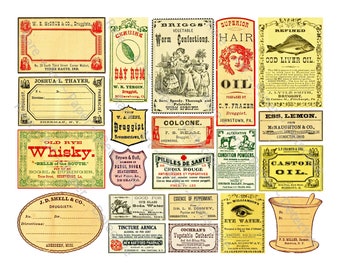 Puede incluir: Una colección de etiquetas de botica vintage con varios colores y diseños. Las etiquetas incluyen texto como "Old Rye Whisky", "Superior Hair Oil", "Cod Liver Oil", "Ess. Lemon", "Castor Oil", "Tincture Arnica", "Eye Water" y "Vegetable Cathartic".