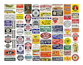 Dollhouse Miniature & Train Sign Graphics, Model Railroad Diorama, 72 PRINTABLE Advertising Sign Images, 1 DIGITAL DOWNLOAD Sheet, 1004