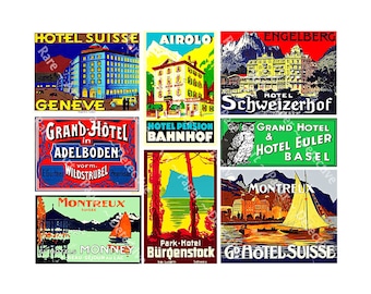 Luggage Labels, 47 Assorted Shapes, Sizes & Colors on 5 Digital Downloads, Vintage Label Art, Hotel Baggage Tags, Travel Theme Junk Journals