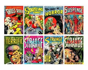 Horror Comic Book Covers, Classic Comics, Printable Halloween Décor, 2.5" x 3.75" Tags, DIY Projects and Décor, DIGITAL DOWNLOAD Sheet, 1180