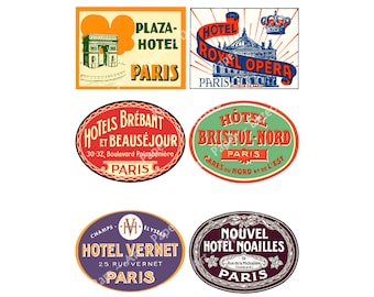 Hotel Luggage Labels 6 DIGITAL DOWNLOAD Labels on 1 JPEG, Each label is 4" Wide Steam Trunks & Hotel Suitcase Decals, S49