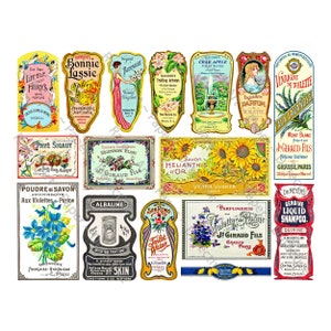 Labels parfum en apotheker, Franse schoonheidslabels, 16 tags antieke badkamerdecoratie, Victoriaanse cottage chique bloemsticker, 1 digitaal blad, 40N