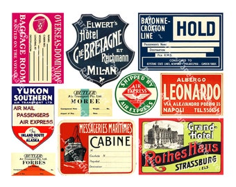 Luggage Label Graphics, Golden Age of Travel Baggage Labels, INSTANT DOWNLOAD, Travel Ephemera Journals, Suitcase & Steam Trunks, 1315