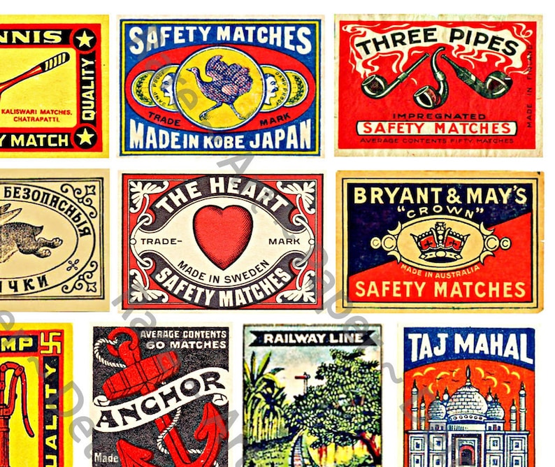 Matchbox Label Antique Matchbox Labels on 1 Digital Sheet, Authentic Sizes, 2