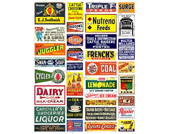 Trein teken graphics voor dollhouses &model spoorweg diorama's, 34 afdrukbare reclame teken illustraties, 1 digitale download blad, 1001