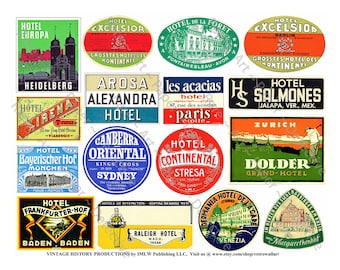 Luggage Labels, 5 Digital Downloads, 60 Hotel Baggage Tags for Steam Trunks, Suitcases, Junk Journals & Scrapbooks, Golden Age of Travel