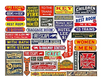 37 Pcs. Rusty Metal Sign Digital Graphics Sheet, Re-Sizable Model Railroad Diorama Miniature Signs, Junk Journals, General Store Decor, 886
