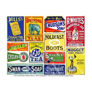 Vintage Werbeschilder DIGITAL DOWNLOAD Sheet, General Store Ads & Signage, Bunte rostige Metallschild-Aufkleber, Diorama Aufkleber, 715