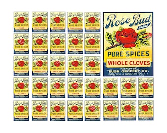 Kitchen Spice Tin Labels for Kitchen Décor & Jar Labeling, 32 Pcs Set, Colorful Antique Style, 2 INSTANT DOWNLOADS, SPC1-P