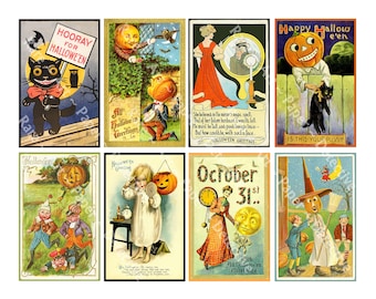 Halloween Postcard Illustrations, DIGITAL DOWNLOAD, Spooky Scrapbook Supply, Pumpkin & Witch Collage Art, Autumn Decoration, 8 Images, 1127