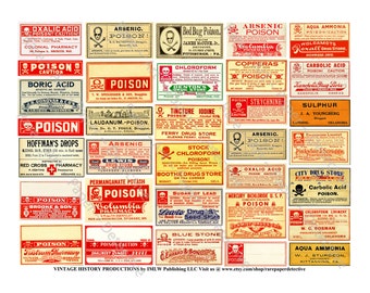 Poison Apothecary bottle labels, Antique medicine & pharmacy graphics, 33 labels on 1 digital sheet, Bathroom and Halloween Décor, 446