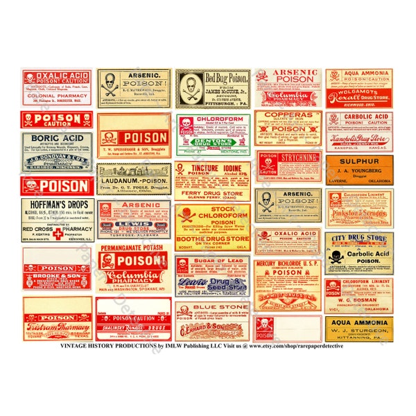 Poison Apothecary bottle labels, Antique medicine & pharmacy graphics, 33 labels on 1 digital sheet, Bathroom and Halloween Décor, 446