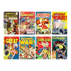 Capas de quadrinhos vintage, quadrinhos dos anos 1950, arte vintage para impressão, etiquetas de 2,5" x 3,75", decoração DIY, folha de DOWNLOAD DIGITAL, 1166