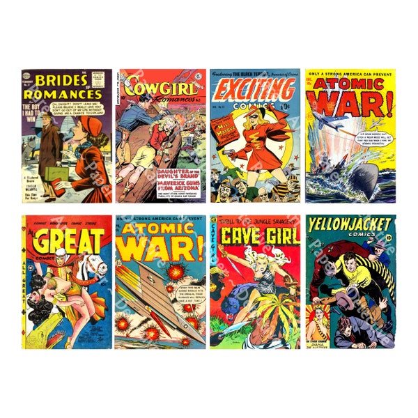 Vintage Comic Book Covers, 1950's Comics, Printable Vintage Pulp Art, 2.5" x 3.75" Tags, DIY Décor, DIGITAL DOWNLOAD Sheet, 1166