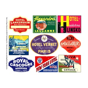 Etiquetas de bagagem, 5 downloads digitais, 48 etiquetas de bagagem de hotel para baús a vapor, malas, diários indesejados e álbuns de recortes, Era de Ouro das Viagens