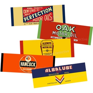 Oliebliklabels, set van 5 grote olieborden voor garage, auto, gereedschapskist en feestdecoraties, retro motoroliereclame en tankstationlabels
