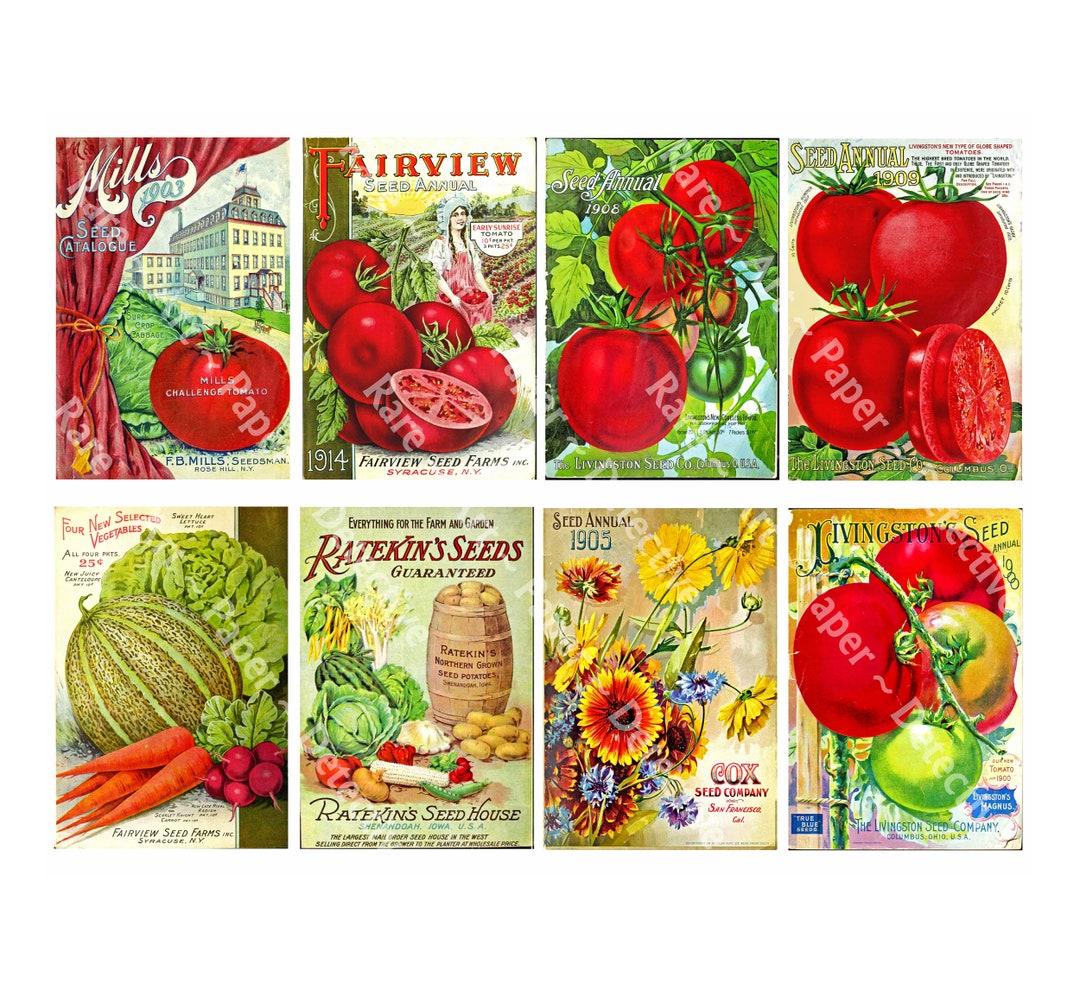 8 Pcs Garden Seed Label Set & Antique Seed Pack Catalog Covers, Farm ...