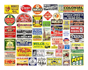 Miniaturowe znaki dla domków dla lalek i grafiki dioramy dla modeli pociągów, 50 ilustracji reklamowych do druku, 1 CYFROWY ARKUSZ DO POBRANIA, 517P