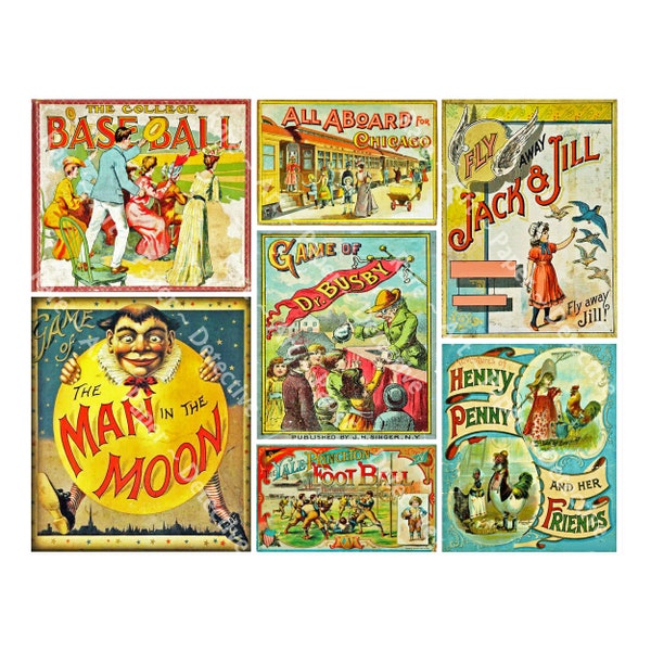 Vintage Board Game Box Art, Digital Sheet, Gift Making, Antique Children's Game Graphics, Vintage Card Making, Nostalgic Party Décor, 741N