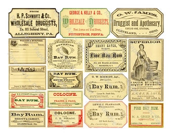 Victorian Apothecary Labels, 16 Medicine Bottle Decals, Pharmacy Tag, Halloween DIY Labels, Digital Download Sheet, Druggist Decals, 954