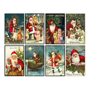 Weihnachtliche Postkarten Illustrationen, DIGITALE SEITE mit 8 altmodischen viktorianischen Bildern, je 4 "x 2,5", Weihnachtsmann & Weihnachtsgrüße, 1043