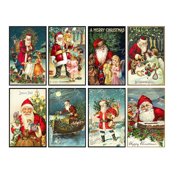 Vintage Christmas STICKERS, Set of 8 Old Fashioned Postcard