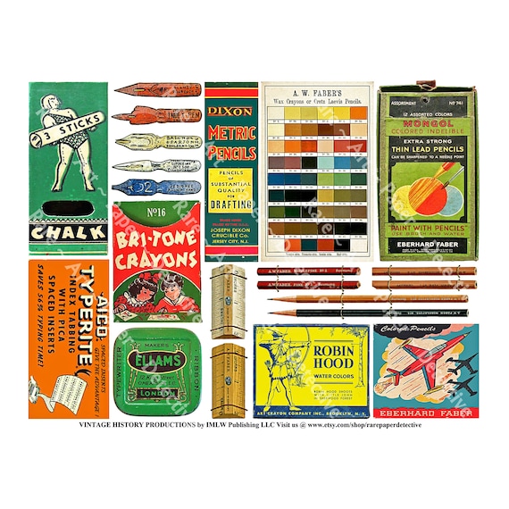 Office Supply, Artist Stationary, Digital Sheet, Vintage Packaging, Crayon Boxes, Pencils, Antique Art Supplies, Old Rulers, Art Paper, 734