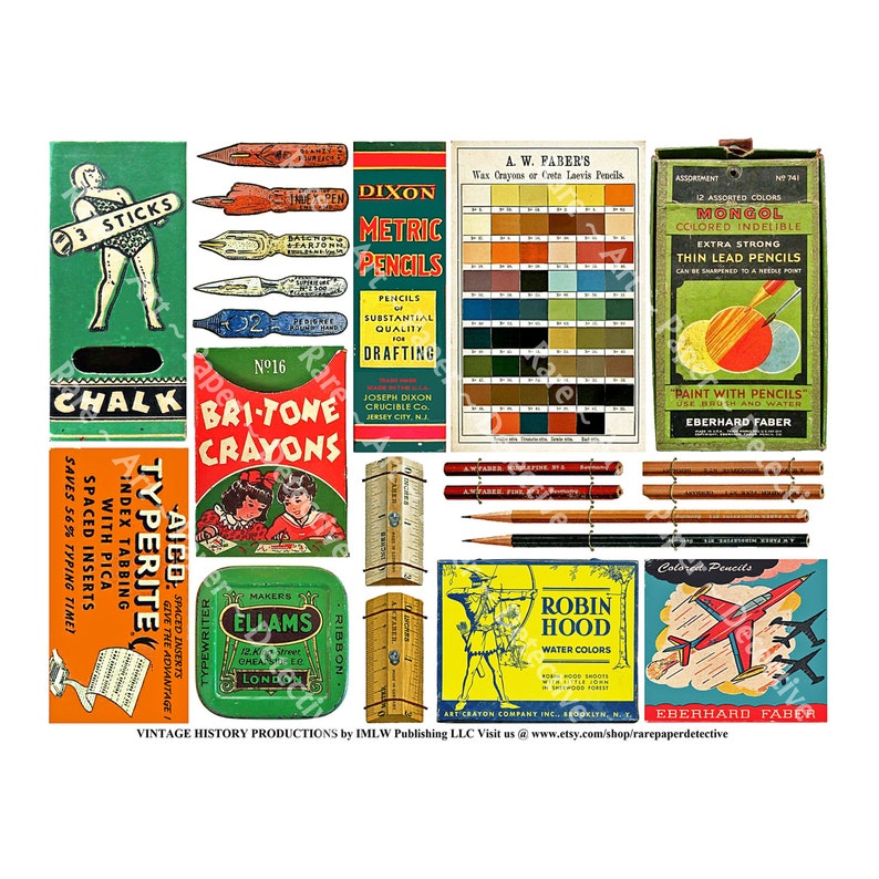 May include: Vintage collection of assorted school supplies including pencils, crayons, chalk, and watercolors. The boxes feature colorful illustrations and text, such as "Bri-Tone Crayons", "Dixon Metric Pencils", and "Robin Hood Water Colors".