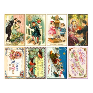 GELUKKIG NIEUWJAAR, digitale download, 8 vintage op ansichtkaarten geïnspireerde illustraties op 1 afdrukbaar vel, kaarten maken digitaal aanbod, 1034