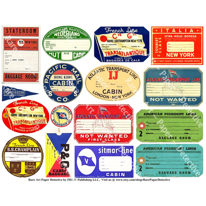 Steamship Trunk Labels, 16 Baggage Tag Decals for Travel Trunks