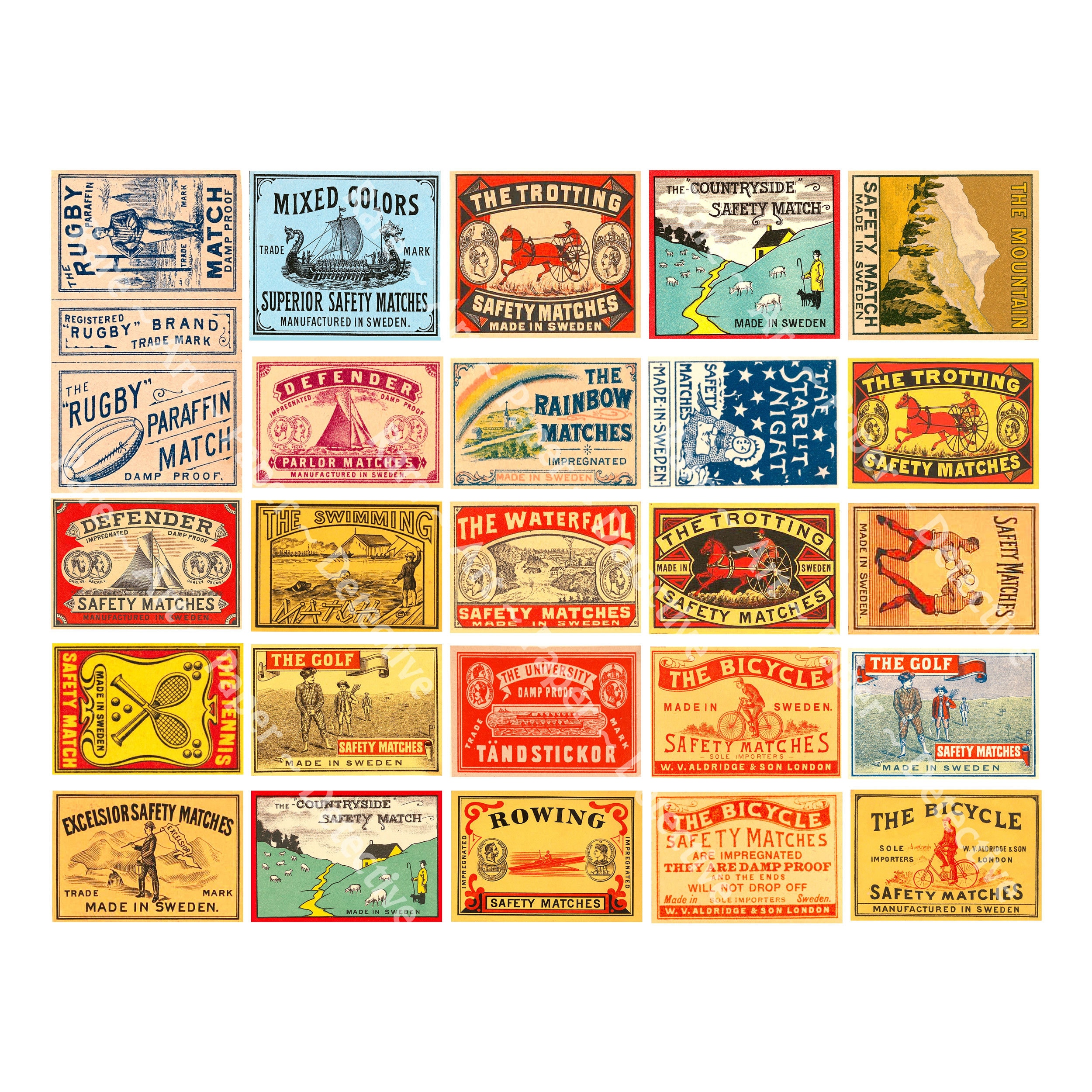 Antique Safety Match Box Label Images, Authentic Sizes, 2 Wide Each, 25