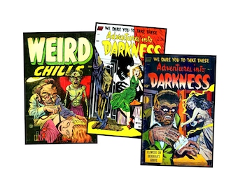 Horror Comic Book Covers Classic Comics Printable Halloween Postcard Making DIY Greeting Cards and Décor, ONE Digital Download Sheet, Set 49