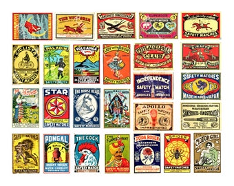 115 Matchbook Labels on 5 Digital Download Sheets, Whimsical Junk Journal & Scrapbook Illustrations, Vintage Label Art Tags, Wood Match Box