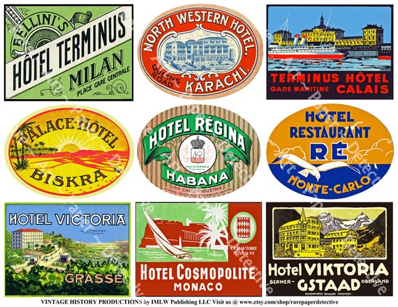 Golden Age of Travel Luggage Labels, 57 Assorted Shapes, Sizes