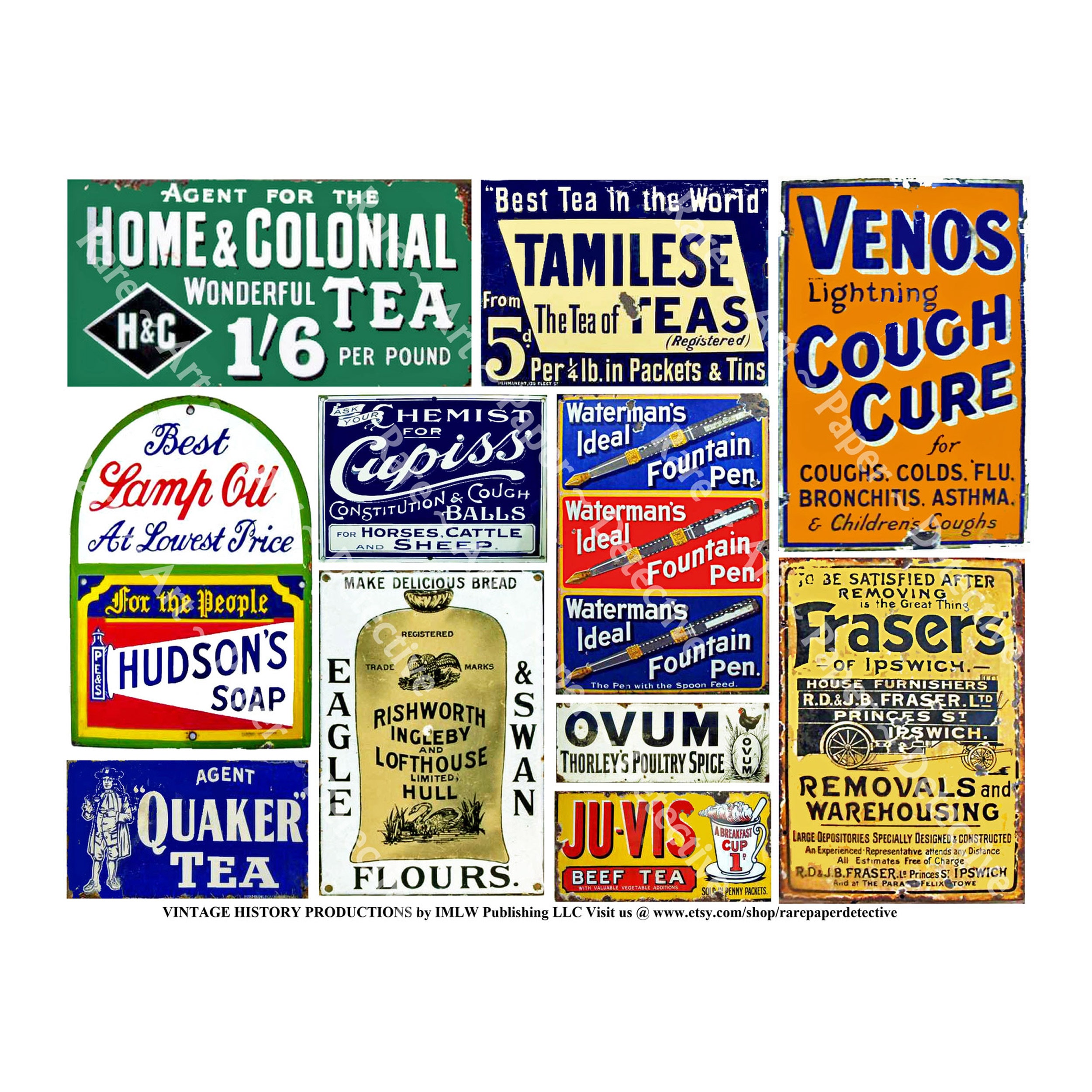 Vintage Advertising Signs DIGITAL DOWNLOAD Sheet, General Store Ads