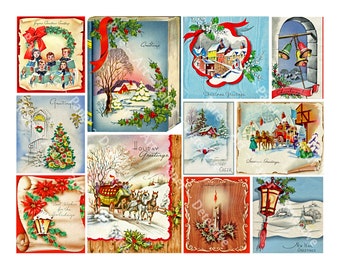 Pode incluir: Uma coleção de ilustrações de cartões de felicitações de estilo vintage com paisagens nevadas, carruagens, coristas, uma árvore de Natal decorada, uma vela, sinos e uma lanterna, adornados com azevinho, fitas e textos sazonais.