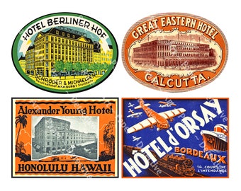 Suitcase Baggage Labels, 4 DIGITAL DOWNLOAD Labels on 1 JPEG, Each label is 5" x 3.75", Steam Trunks & Hotel Decals, 1101